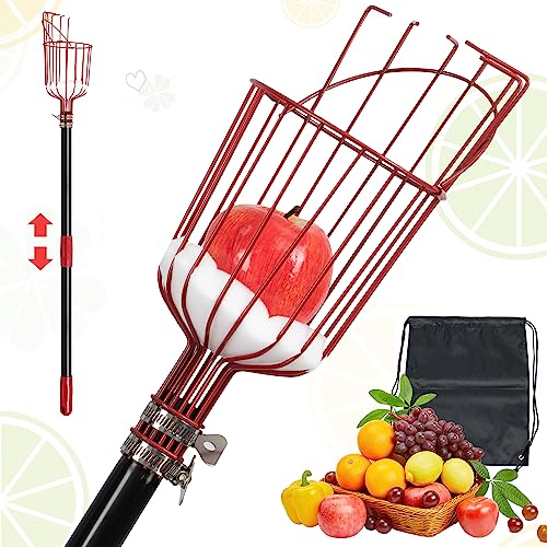 Fruit Picker Pole with Basket - Adjustable Fruits Picker Too for Mango Apple Avocado Orange Cherry Pear Picking, Lightweight Sturdy Fruits Catcher with Extra Carrying Bag