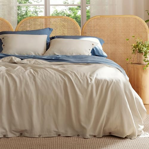 Bedsure Cooling Queen Duvet Cover Set, Rayon Derived from Bamboo Linen Blend Duvet Cover Queen, Linen Duvet Cover, 3 Pieces, 1 Duvet Cover 90x90 Inches and 2 Pillowcases, Comforter Sold Separately