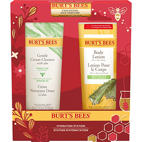 Burt's Bees Christmas Gifts, 3 Body Care Stocking Stuffers Products, Hydration Station Set - Unscented Lip Balm, Gentle Cream Cleanser & Aloe Shea Butter Body Lotion