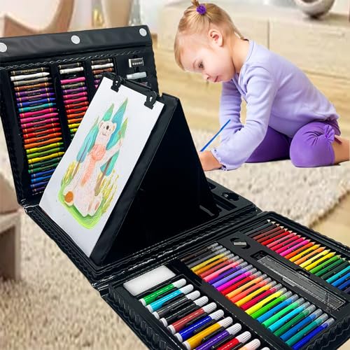 AQTQA 208 PCS Art Supplies, Drawing Art Kit for Kids Adults Art Set with Double Sided Trifold Easel, Oil Pastels, Crayons, Colored Pencils, Watercolor Pens Gift for Girls Boys Artist,Black