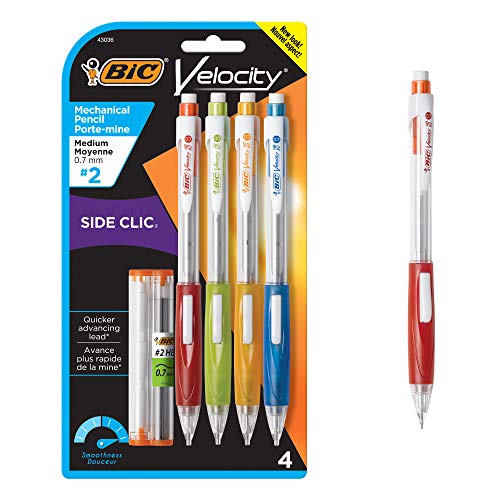 BIC Velocity Side Clic Mechanical Pencil, Medium Point (0.7mm), Black, Soft Comfortable Grip, 4-Count