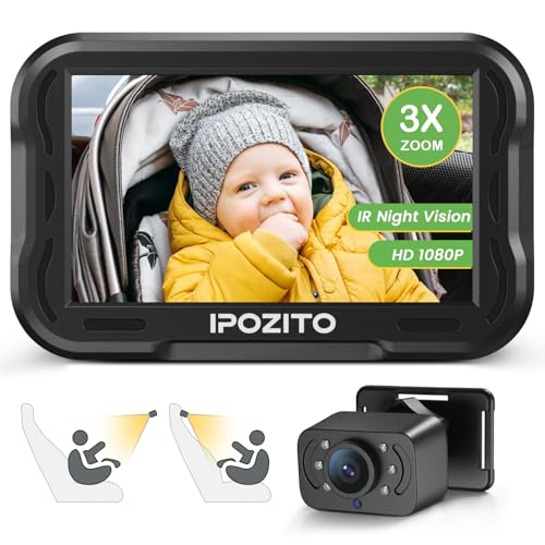 IPOZITO Baby Car Camera, 4.3'' Monitor with IR Night Vision, 3X Zoom in Closer, Easily Install Baby Car Mirror 1080P Clear Car Baby Camera for Rear Facing Seat Backseat