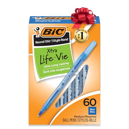 BIC Round Stic Xtra Life Blue Ballpoint Pens, Medium Point (1.0mm), 60-Count Pack of Bulk Pens, Flexible Round Barrel for Writing Comfort, No. 1 Selling Ballpoint Pens