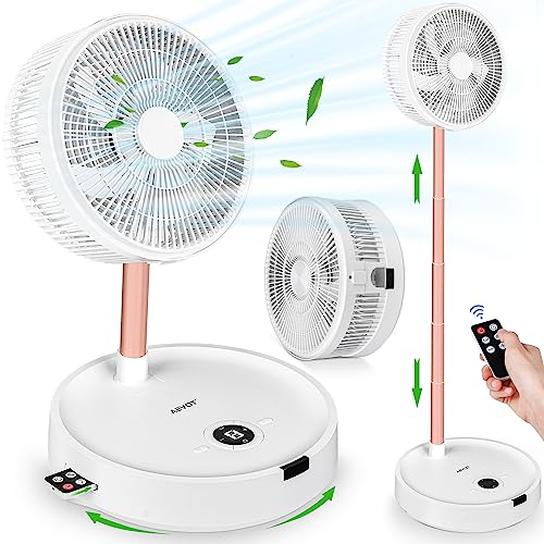 ABVOT Rechargeable Foldable Fan, 12' Portable Travel Fan, 8 Speeds & Time Settings with Remote Control, 10000mAh Desk Quiet Fan, Folded Floor Pedestal Fan for Bedroom, RV, Travel