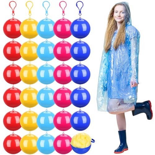 Liitrsh 30 Pcs Rain Ponchos for Adults Portable Disposable Emergency Raincoats Waterproof Raincoats in Ball with Hook Plastic Travel Rain Poncho for Kids Camping Outdoor Cycling Sports, 5 Colors