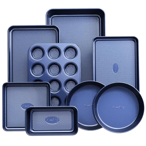 Slow Slog Baking Sheet Pan Set, 8-Piece Non-Stick Baking Set, Professional Grade Carbon Steel Bakeware Sets, Muffin Pan, Cookie Sheets (Ceramic Coated Blue)