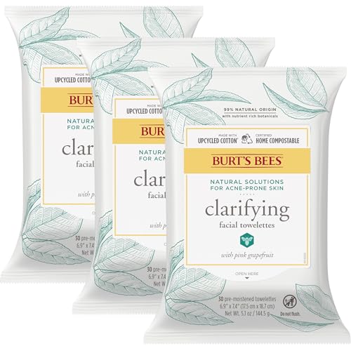 Burt's Bees Stocking Stuffers, Clarifying Facial Cleanser Towelettes for Acne-prone Skin, Pink Grapefruit, Skin Care Christmas Gifts,30 Count, Pack of 3