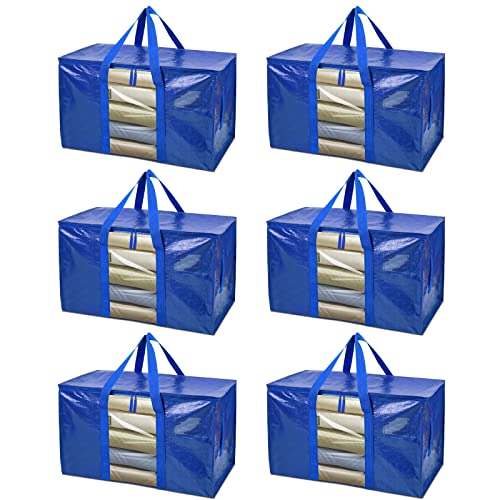 BALEINE 6-Pack Oversized Moving Bags with Reinforced Handles, Heavy-Duty Storage Tote Moving Supplies for Packaging, Camping (Blue w/Window, 6-Pack)