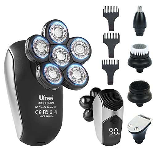 Electric Head Shaver for Bald Men, 5 in 1 Bald Head Shaver Kits, 6D Rechargeable Head Electric Razor, Waterproof Wet/Dry Rotary Shaver Grooming Kit, Anti-Pinch, LED Display