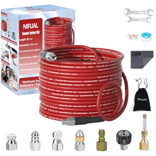 NIFUAL Pressure Washer Cleaning Kit Sewer Jetter Kit for 1/4 Inch NPT Corner Max Working Pressure Drain Cleaner Hose 5800 PSI Durable Sewer Blasting Hose 5 Sewer Blasting Nozzles… (50FT)