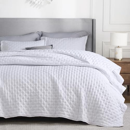 Bedsure Quilt Queen Size - Soft Ultrasonic Full/Queen Quilt Bedding Set - Clover Bedspread Queen Size - Lightweight Bedding Coverlet for All Seasons (Includes 1 White Quilt, 2 Pillow Shams)