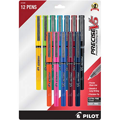 Pilot, Precise V5, Capped Liquid Ink Rolling Ball Pens, Extra Fine Point 0.5 mm, Assorted Colors, Pack of 12