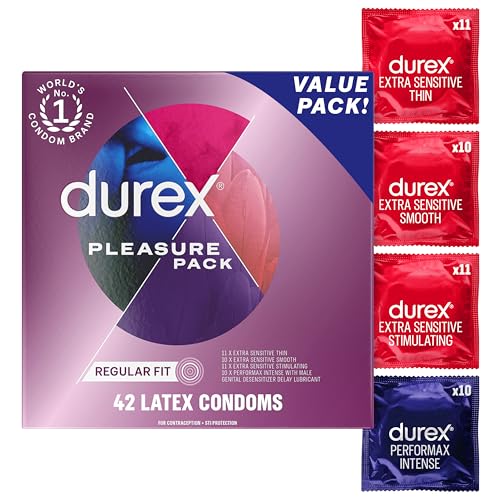 Durex Pleasure Pack Assorted Condoms, Natural Rubber Latex Condoms for Men, Regular Fit, FSA & HSA Eligible, 42 Count (Packaging may Vary)