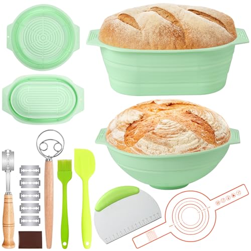 Silicone Banneton Bread Proofing Basket: Silicone Banneton Basket with Liners, 9' Round & 10' Oval Sourdough Starter Kit Tools for Bread Making, Sourdough Bread Baking Supplies Accessories (Green)