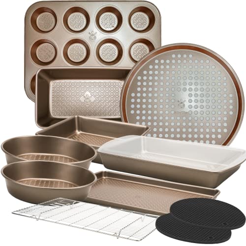 KITCHENATICS 12 PC Nonstick Bakeware Set, Heavy Duty Professional Kitchen Baking Pan Set Cookie Sheet Set, Cooking Baking Set, Baking Pans, Carbon Steel Bakeware Set, Oven Pan Set - Champagne Gold