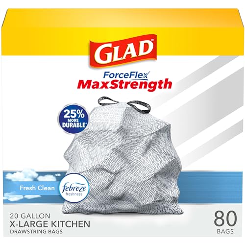 Glad ForceFlex MaxStrength XL Kitchen Trash Bags, 20 Gal, Fresh Clean, 80 Ct (Package May Vary)