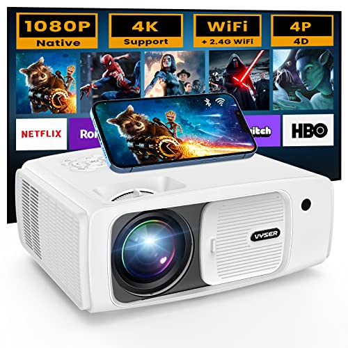 [4P/4D Keystone] VYSER Projector with WiFi and Bluetooth, 400ANSI Native 1080P Projector with Screen & Bag, 300' Portable Outdoor Movie Projector Compatible with Smartphone,HDMI,USB,VGA,PS5,TV Stick