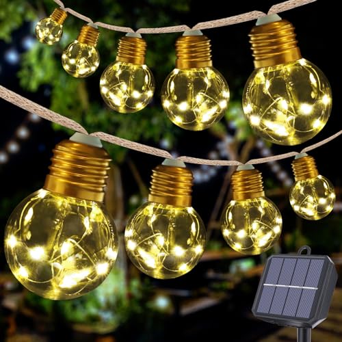 Solar String Lights Outdoor, 20ft Solar Patio Lights, Vintage Rope Hemp Solar Powered Globe Lights Waterproof with 8 Modes 16 Shatterproof Bulbs for Garden Fence Balcony Cafe Bistro Party-Warm White