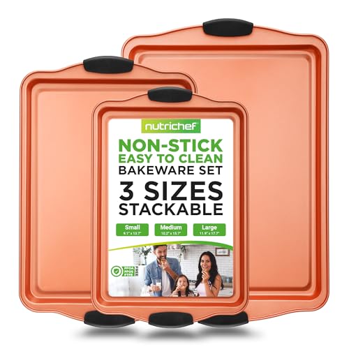 NutriChef Carbon Steel 3 Piece Baking Pan Set - Nonstick Flexible Stackable Bakeware w/Silicone Handles, 3 Qt.