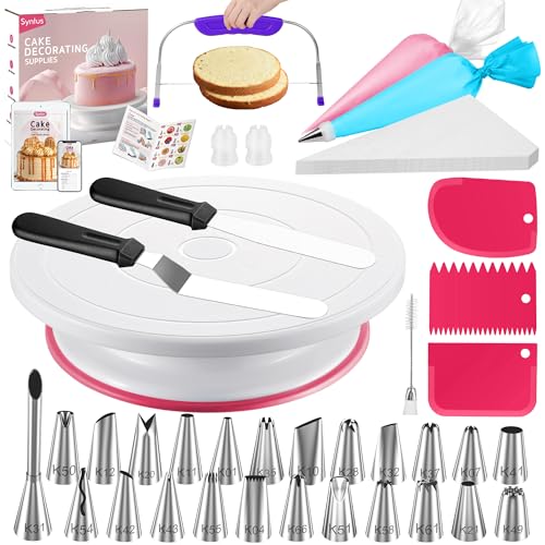 Syntus 65 PCs Cake Decorating Kit with Cake Stand Turntable, Cake Baking Supplies 30+1 Piping Bags, 24 Piping Tips, Offset & Straight Spatulas, 3 Scrapers, Leveler, 2 Couplers & 1 Tips Brush