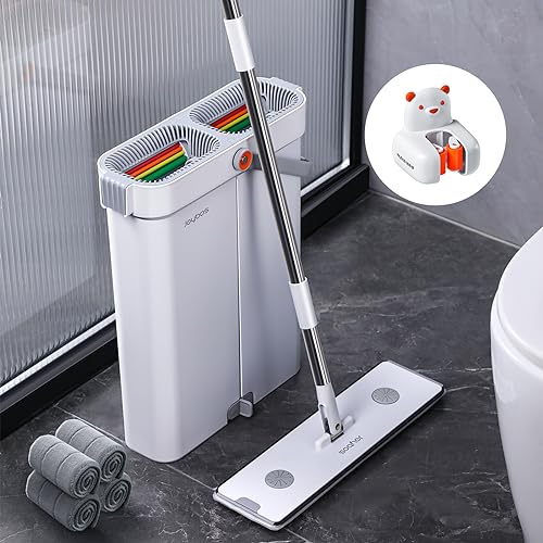 JOYBOS Mop and Bucket with Wringer Set,16'' Large Flat Floor Mop and Bucket System,4 Washable Microfiber Mops and Squeegee Blade,Wet and Dry Use,Floor Cleaning System for All Floor Types and Windows