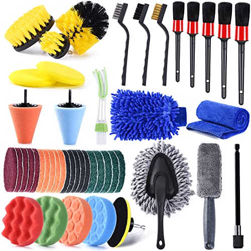 SHIELDPRO 46 Pcs Drill Brush Attachments Set, Car Cleaning Tools Kit with Car Detailing Brush Set, Car Detail Brush for Cleaning Wheels, Dashboard, Interior Exterior Leather, Engine, Air Vents, Carpet