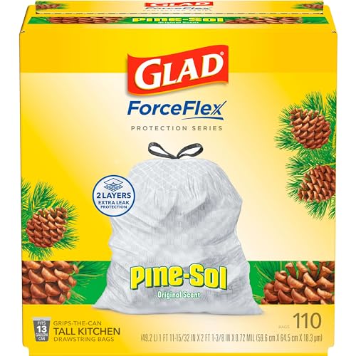 Glad Trash Bags, ForceFlex Tall Kitchen Drawstring Garbage Bags, 13 Gallon, Pine-Sol Original Scent, 110 Count