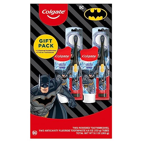 Colgate Kids Toothbrush Set with Toothpaste, Batman Gift Set, 2 Battery Toothbrushes and 2 Toothpastes