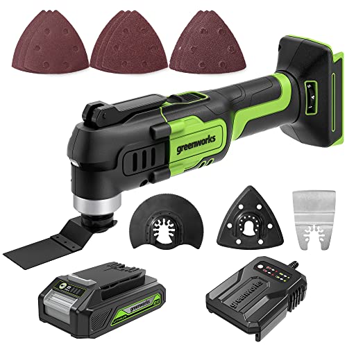 Greenworks 24V Cordless Multi-Tool, Oscillating Tool for Cutting/Nailing/Scraping/Sanding with 6 Variable Speed Control, 2.0Ah Battery, 2A Charger and 13 Accessories Included