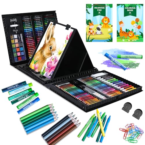 Art Supplies Kit, 276 PCS Art Set for Kids, Art Kits, Art Drawing Kit with Double Sided Trifold Easel Box with Oil Pastels, Crayons, Colored Pencils, Paint Brush, Watercolor Cakes