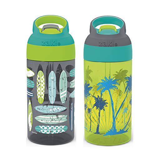 Zak Designs 16oz Riverside Beach Life Kids Water Bottle with Straw and Built in Carrying Loop Made of Durable Plastic, Leak-Proof Design for Travel, 2PK Set