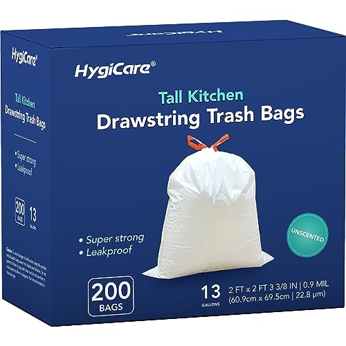 HygiCare 13 Gallon Tall Kichen Trash Bags, Unscented 200 Count Drawstring Garbage Bags, Pre-Separated, Ultral Strong, Leakproof, Sturdy, White