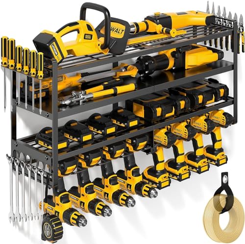 POKIPO Large Power Tool Organizer Wall Mount, Heavy Duty Widen 8 Drill Holder, 4 Layers Cordless Tool Storage Rack, Utility Racks Shelf for Garage