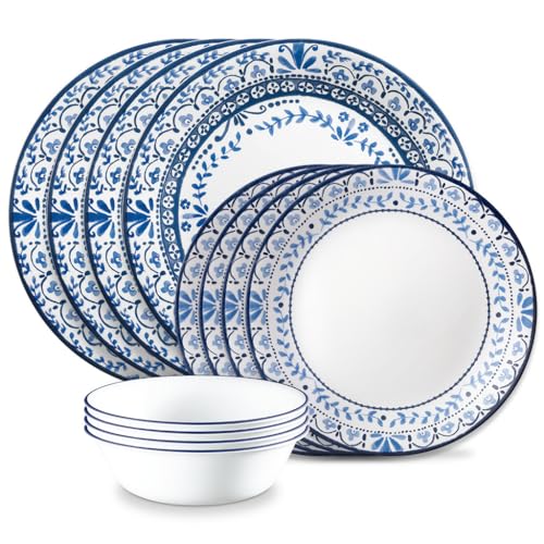 Corelle Vitrelle Glass Dinnerware Set, Chip & Crack Resistant Triple Layer Glass, 12-PC Dinnerware Set, Portofino