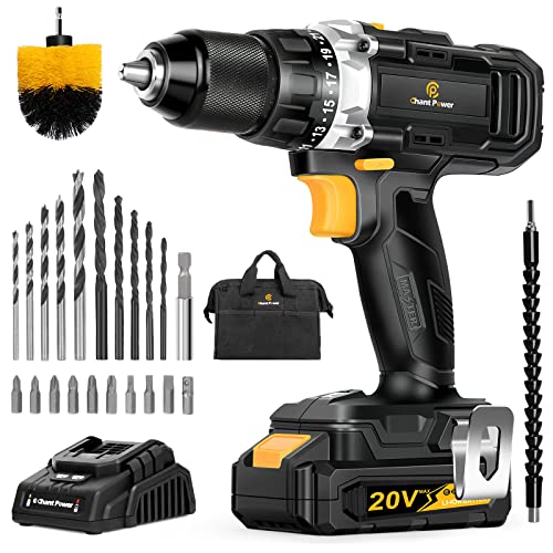 C P CHANTPOWER Cordless Drill 20V MAX Lithium-ion Drill Driver Set with Fast Charger, 1/2” (13 mm) Matal Chuck, 23+1 Clutch, Dual Speed for Drilling Wood, Metal, Canvas Bag, Flexible Shafts Included