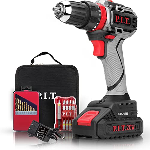 P.I.T. Impact Cordless Drill, 20V Brushless Electric Power Drill Set with 1 Battery & Charger, 3/8”Keyless Chuck, 2 Variable Speed, 40N.m Torque, 20+3 Position and 23pcs Drill/Driver Bits