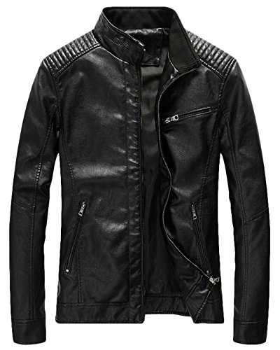 Youhan Men's Casual Zip Up Slim Bomber Faux Leather Jacket (X-Large, Black)