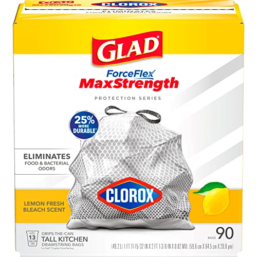 Glad ForceFlex MaxStrength with Clorox Trash Bags, 13 Gal, Lemon Fresh Bleach, 90 Ct, Pack May Vary