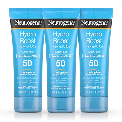 Neutrogena Hydro Boost Moisturizing Water Gel Sunscreen Lotion with Broad Spectrum SPF 50, Water-Resistant & Non-Greasy Hydrating Sunscreen Lotion, Oil-Free, 3 fl. oz, Pack of 3