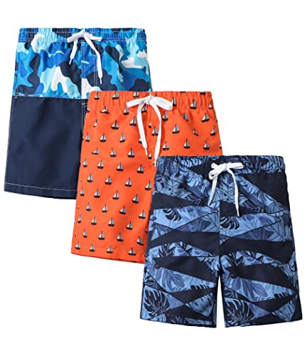 Rolimaka 3 Pack Boy's Swim Trunks Kid Board Shorts with Mesh Lining Youth Swimwear 8