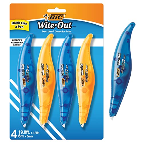 BIC Wite-Out Brand Exact Liner Correction Tape, 19.8 Feet, 4-Count Pack of white Correction Tape, Fast, Clean and Easy to Use Tear-Resistant Tape Office or School Supplies