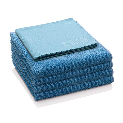 E-Cloth 5-pc Starter Pack, Microfiber Cleaning Cloth Set, Includes Household Cleaning Tools for Bathroom, Kitchen, and Cars, Washable and Reusable, 100 Wash Promise, Blue