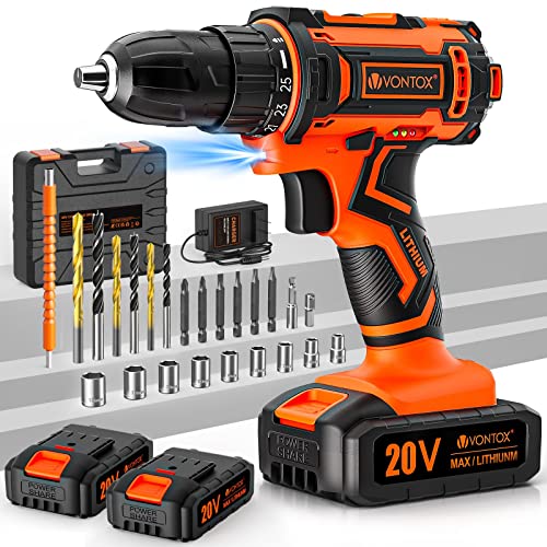 Drill Set, V VONTOX 20V Cordless Drill with 2 Batteries 2.0AH & Fast Charger, Home Power Drill 3/8' Keyless Chuck, 370 In-lb Torque, 2 Speed, 25+1 Position, 24pcs Drill for DIY