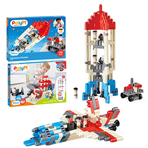 Hape PolyM Space Adventure Rocket Construction Kit | 138 Piece Building Brick Toy Play Set for Kids - Figurines and Accessories Included