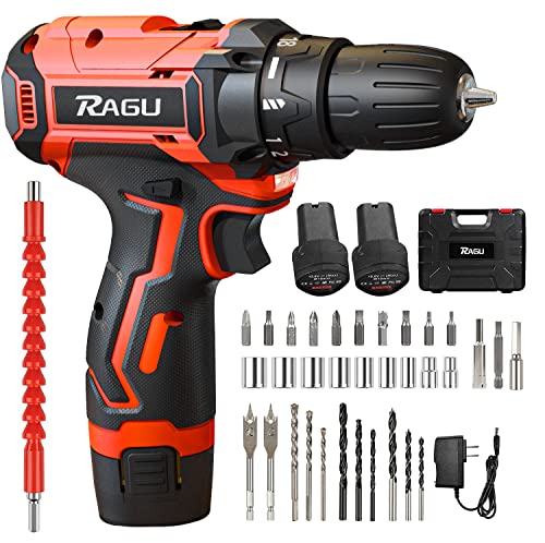 Cordless Drill 12v, 34pcs Drill Driver Set with 2 Batteries, Drill Set with 2 Variable Speed 3/8'' Keyless Chuck for Drilling Wood, Ceramics