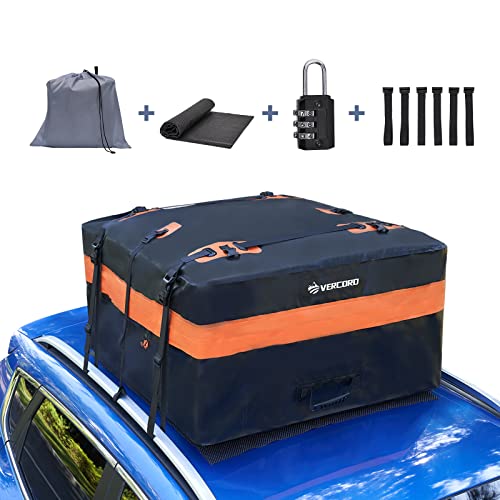 Vercord Waterproof Rooftop Cargo Bag Car Top Carrier 14 Cubic Feet Anti-Tear 500D PVC with Protective Mat Luggage Lock 6 Door Hook Black & Orange