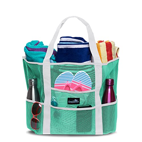 Dejaroo - Sand Free Mesh Bag - Strong Lightweight Tote For Beach & Vacation Essentials. Tons of Storage with 8 Pockets, Foldable, 17x9x15 inches, Seafoam with White Straps