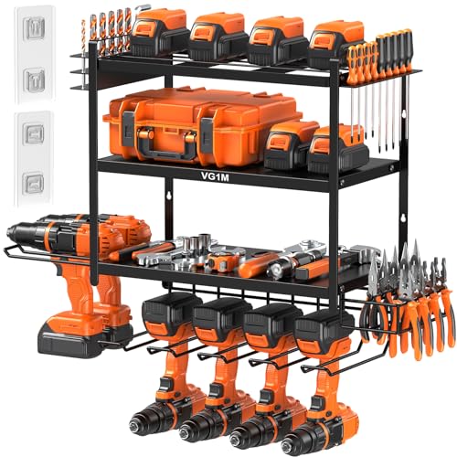 VG1M Power Tool Organizer Wall Mount,Drill Storage Rack Wall Mount,4 Layers Cordless Drill Holder,6 Drill Holder Wall Mount and Garage Racks for Storage,Iron,Black