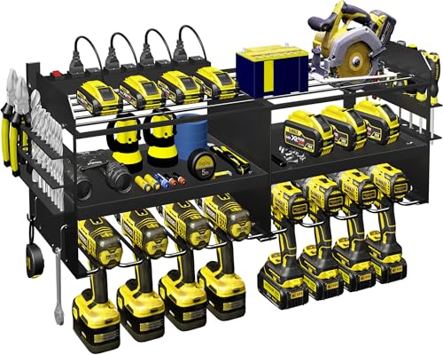 Spaclear Power Tool Organizer with Charging Station,3 Layer Holders Heavy Duty Metal Power Tool Storage Rack with 8 Drill Holders, Garage Tool Organizer and Storage with 8 Outlet Power Strip