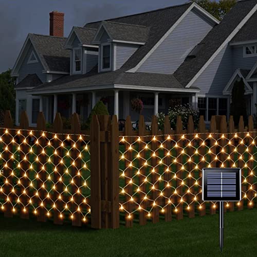 Anycosy 180 LED Solar Net Lights Outdoor,7.9Ft x 3Ft Warm White Fence Net Lights with 8 Modes & Memory, IP44 Waterproof Fairy Mesh Lights for Balcony Fence Deck Backyard Patio Decor